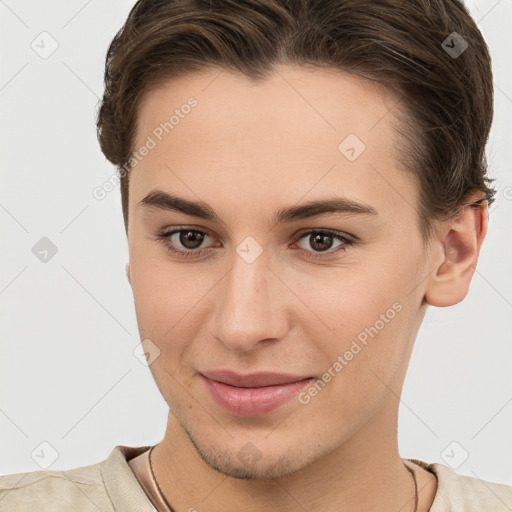 Joyful white young-adult female with short  brown hair and brown eyes