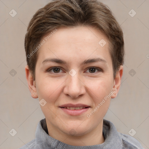 Joyful white young-adult female with short  brown hair and grey eyes