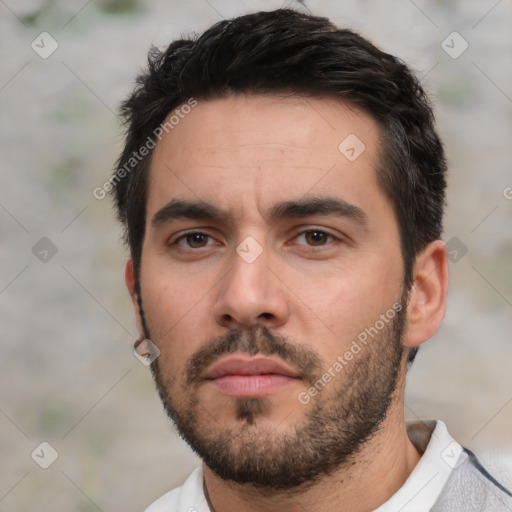 Neutral white young-adult male with short  black hair and brown eyes