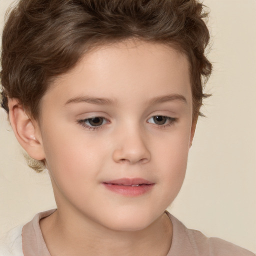 Joyful white child female with short  brown hair and brown eyes