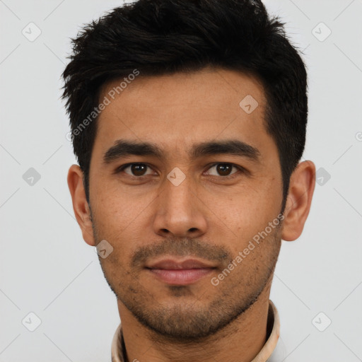 Neutral asian young-adult male with short  black hair and brown eyes