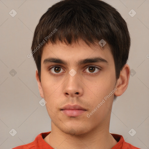 Neutral white young-adult male with short  brown hair and brown eyes