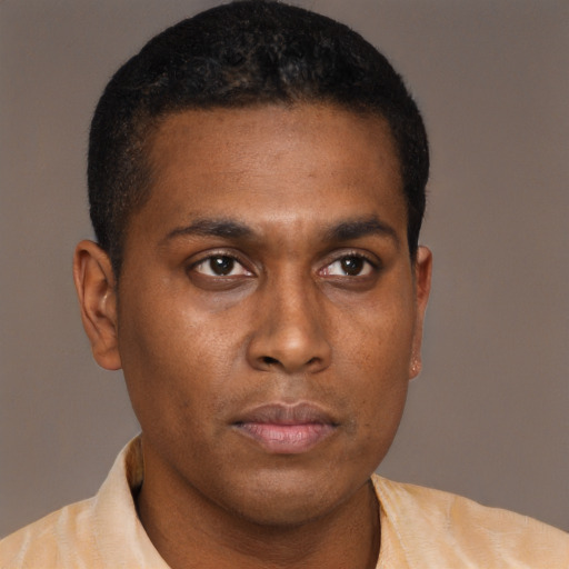 Neutral black young-adult male with short  brown hair and brown eyes