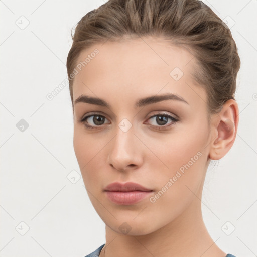 Neutral white young-adult female with short  brown hair and brown eyes