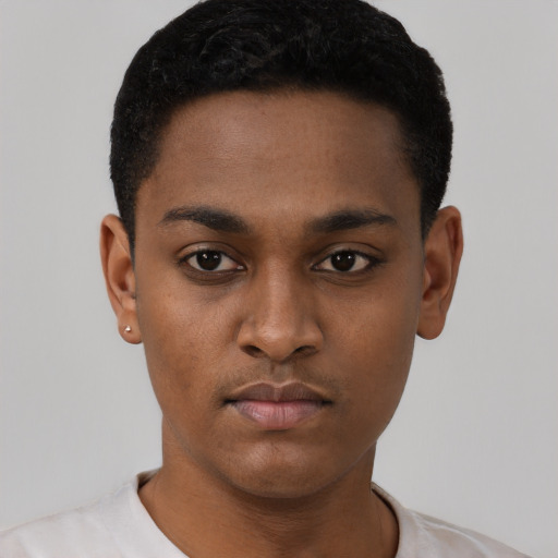 Neutral black young-adult male with short  black hair and brown eyes