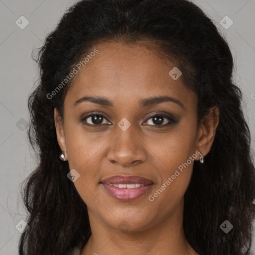 Joyful black young-adult female with long  brown hair and brown eyes