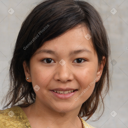 Joyful white child female with medium  brown hair and brown eyes