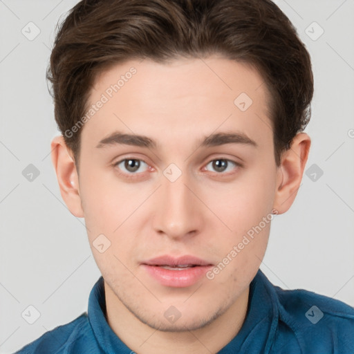 Neutral white young-adult male with short  brown hair and brown eyes