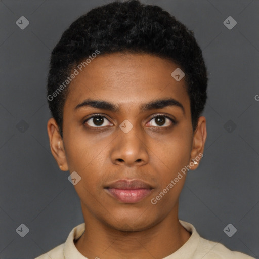 Neutral black young-adult male with short  black hair and brown eyes