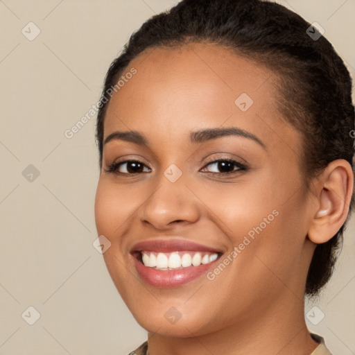 Joyful white young-adult female with long  brown hair and brown eyes