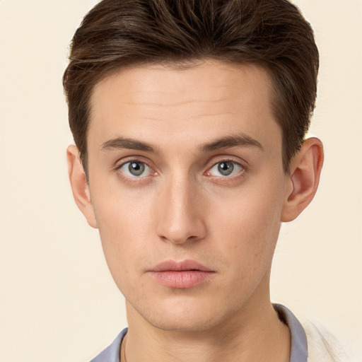 Neutral white young-adult male with short  brown hair and brown eyes