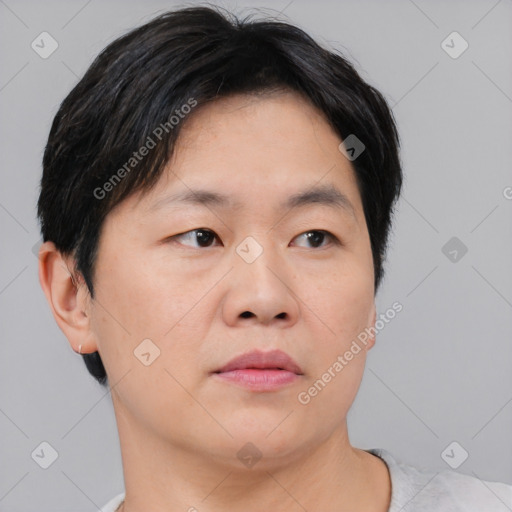Neutral asian young-adult male with short  brown hair and brown eyes