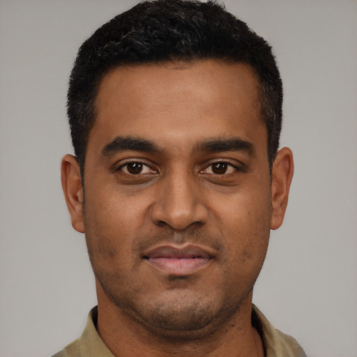Neutral black young-adult male with short  black hair and brown eyes