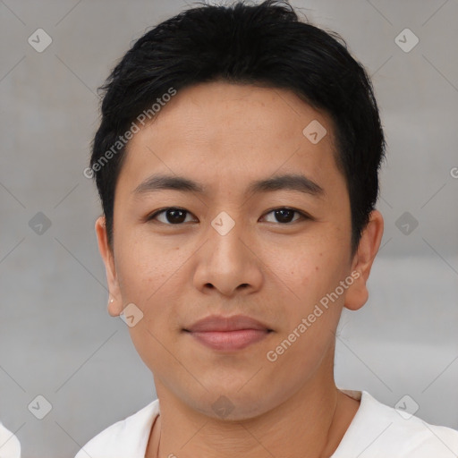 Neutral asian young-adult male with short  black hair and brown eyes