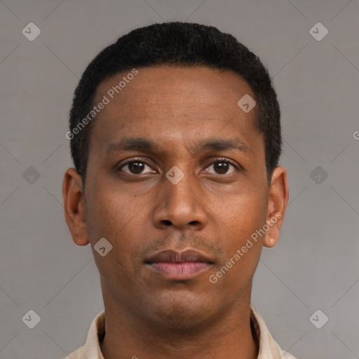 Neutral latino young-adult male with short  black hair and brown eyes