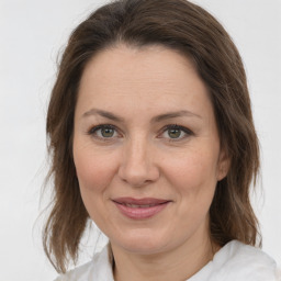 Joyful white adult female with medium  brown hair and grey eyes