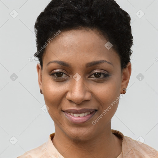 Joyful black young-adult female with short  brown hair and brown eyes