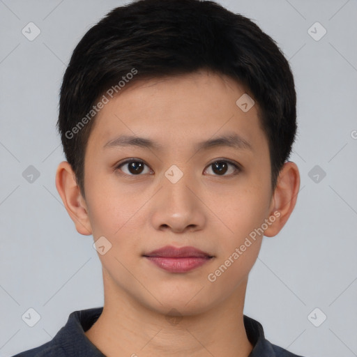 Neutral asian young-adult male with short  brown hair and brown eyes