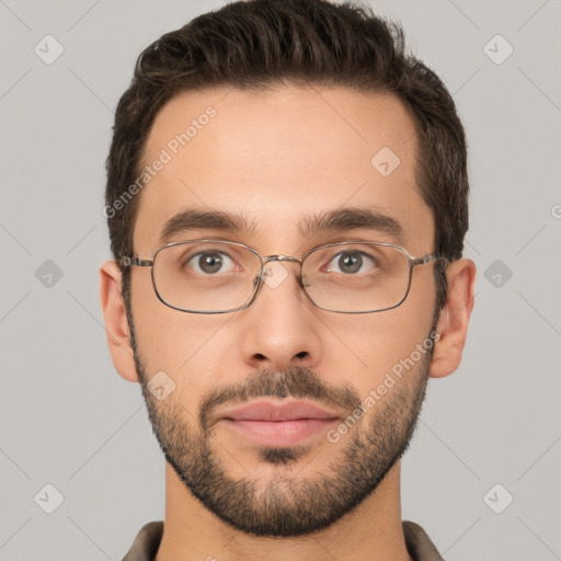 Neutral white young-adult male with short  brown hair and brown eyes