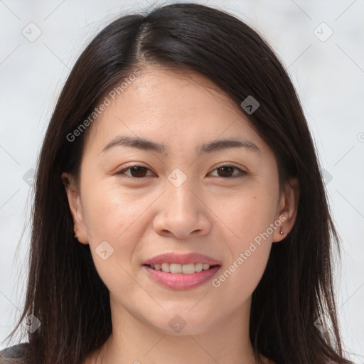 Joyful white young-adult female with long  brown hair and brown eyes