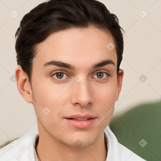 Neutral white young-adult male with short  brown hair and brown eyes