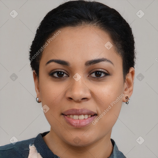 Joyful latino young-adult female with short  brown hair and brown eyes