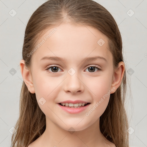 Joyful white child female with medium  brown hair and brown eyes