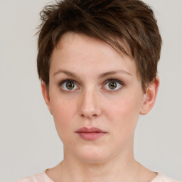 Neutral white young-adult female with short  brown hair and grey eyes