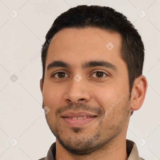 Neutral latino young-adult male with short  black hair and brown eyes