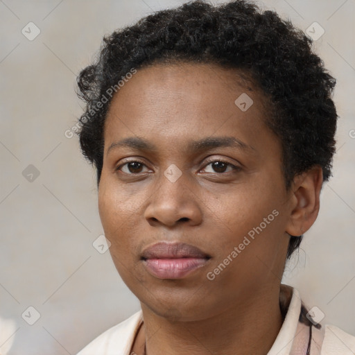 Neutral black young-adult female with short  brown hair and brown eyes