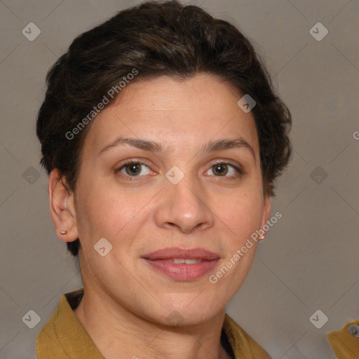 Joyful white adult female with short  brown hair and brown eyes