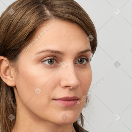 Neutral white young-adult female with long  brown hair and grey eyes