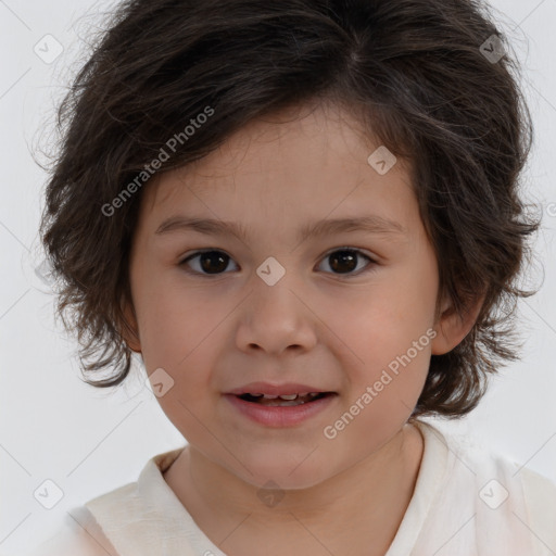 Joyful white child female with medium  brown hair and brown eyes