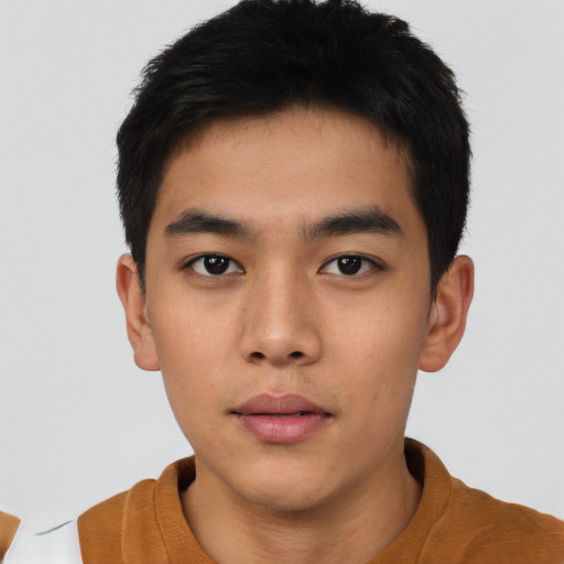 Neutral asian young-adult male with short  black hair and brown eyes