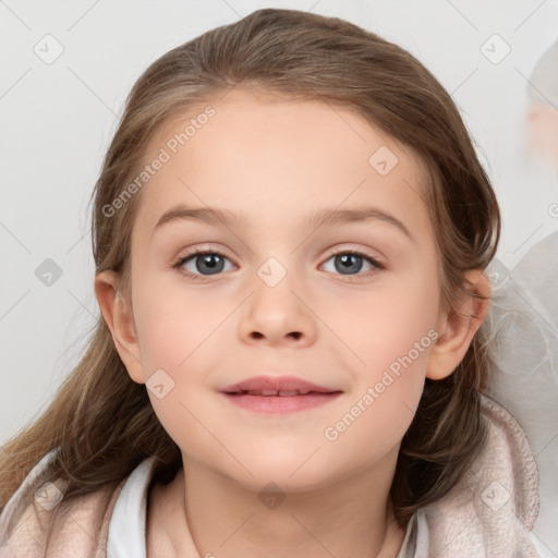 Joyful white child female with medium  brown hair and brown eyes