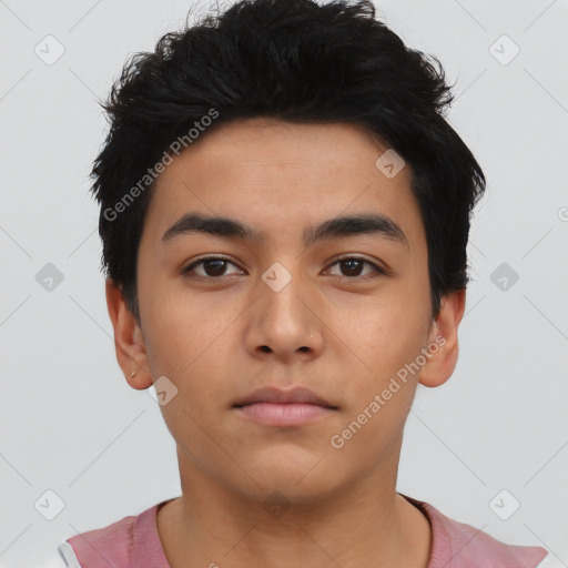 Neutral asian young-adult male with short  black hair and brown eyes