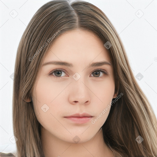 Neutral white young-adult female with long  brown hair and brown eyes