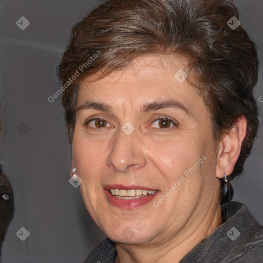 Joyful white adult female with short  brown hair and brown eyes