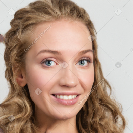 Joyful white young-adult female with long  brown hair and blue eyes