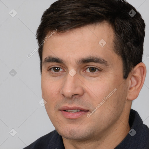 Joyful white young-adult male with short  brown hair and brown eyes