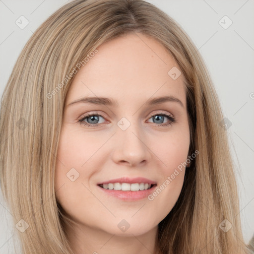 Joyful white young-adult female with long  brown hair and grey eyes