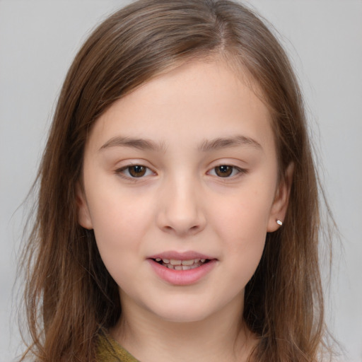 Joyful white child female with medium  brown hair and brown eyes