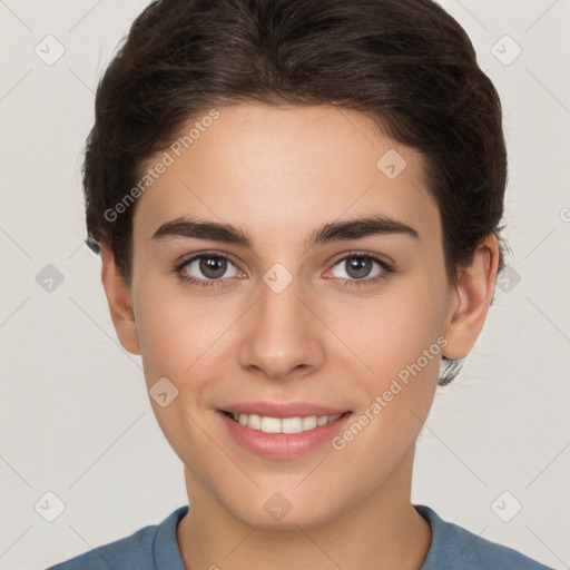 Joyful white young-adult female with short  brown hair and brown eyes