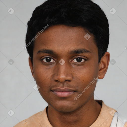 Neutral black young-adult male with short  black hair and brown eyes