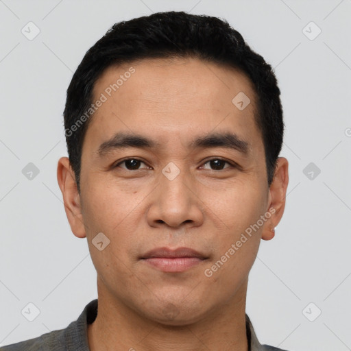 Neutral asian young-adult male with short  black hair and brown eyes