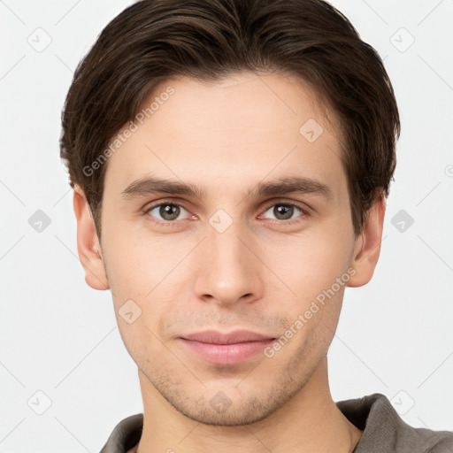 Neutral white young-adult male with short  brown hair and brown eyes