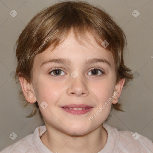 Joyful white child female with medium  brown hair and brown eyes