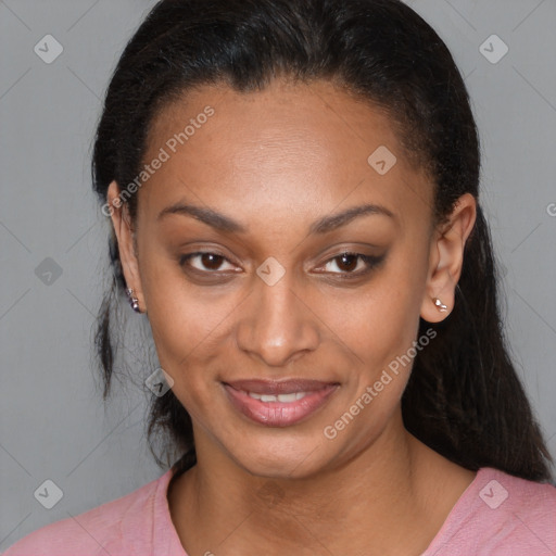 Joyful latino young-adult female with medium  brown hair and brown eyes