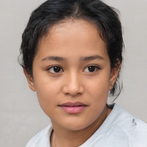 Joyful asian child female with medium  brown hair and brown eyes