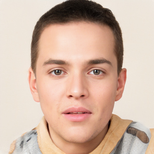 Neutral white young-adult male with short  brown hair and brown eyes